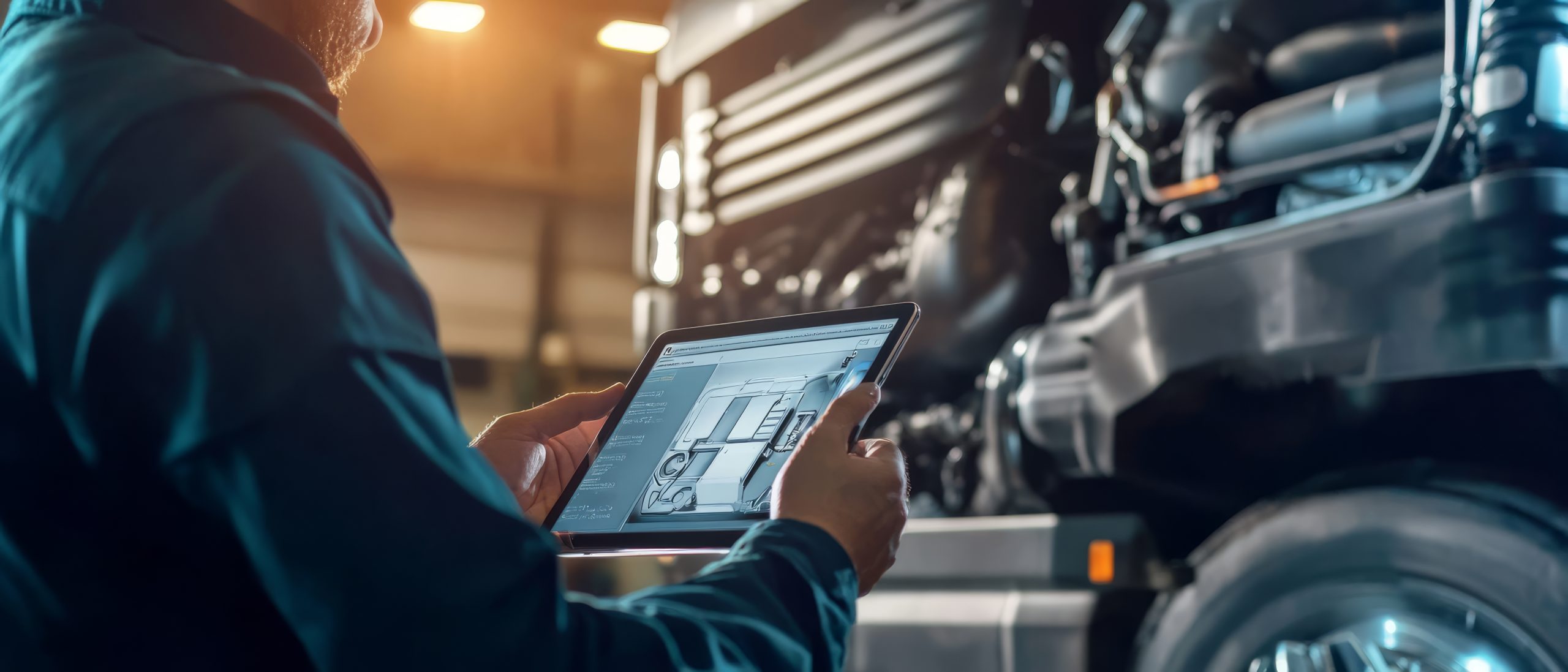 A mechanic is diagnosing a diesel engine using a tablet while working in the garage