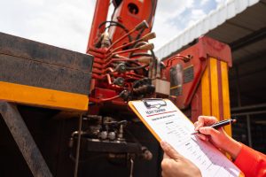 A mechanical engineer is inspecting the condition of truck crane vehicle (as blurred background) before start the operation on the inspection checklist form. Industrial working with safety practice.