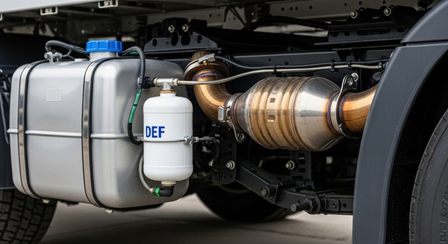Diesel exhaust fluid system in modern truck undercarriage